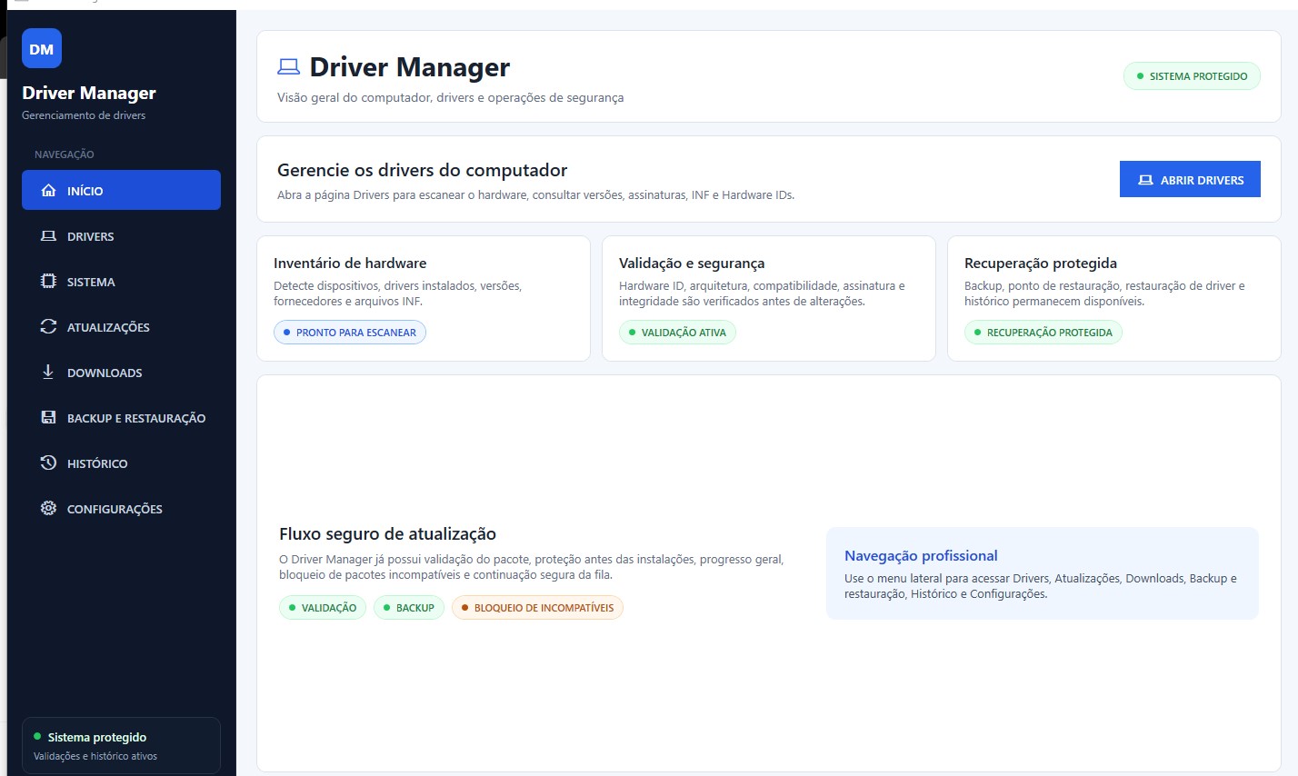 Tela principal do Driver Manager